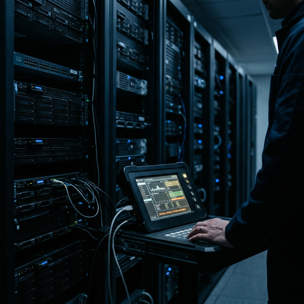 Technician monitoring server racks with a portable diagnostic console